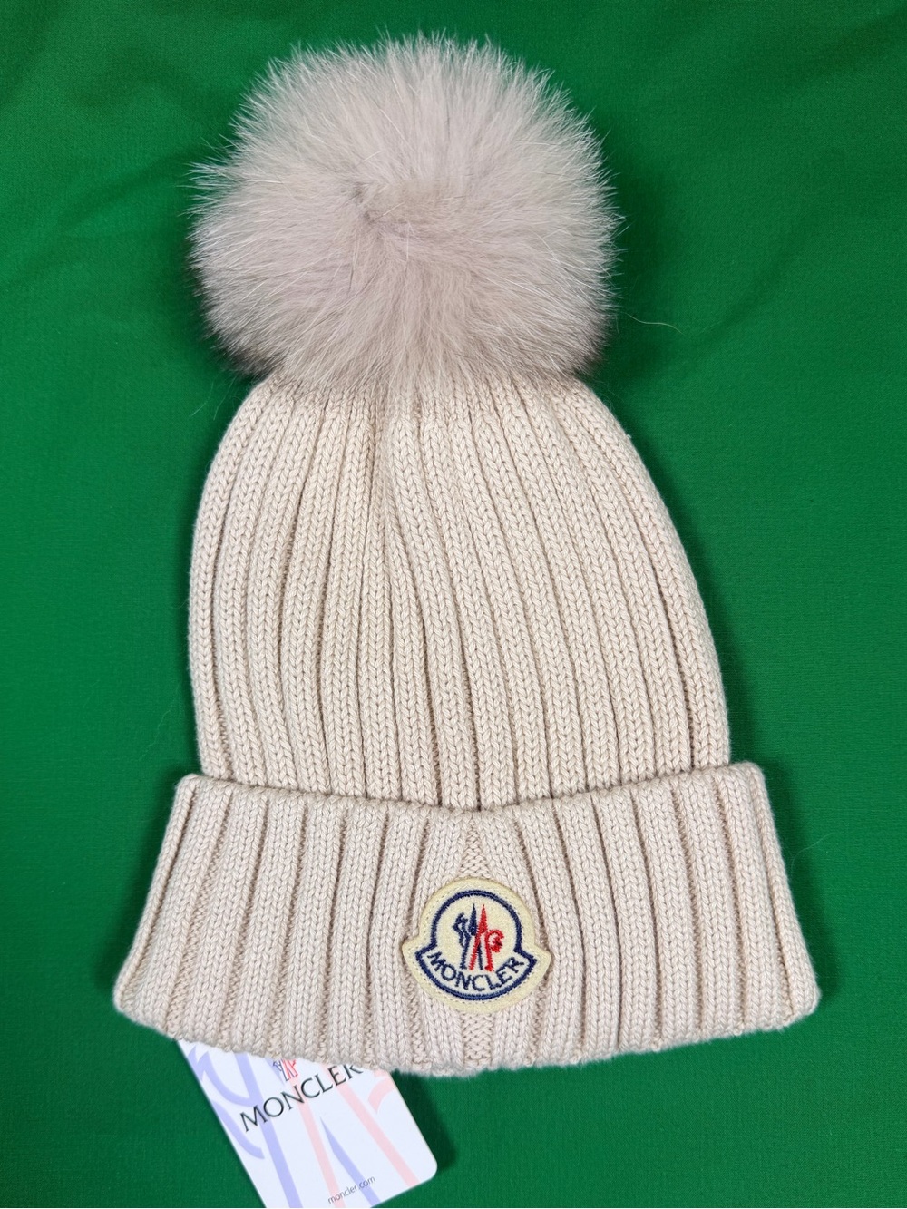 Moncler Beige Ribbed Knit Pom Pom Beanie